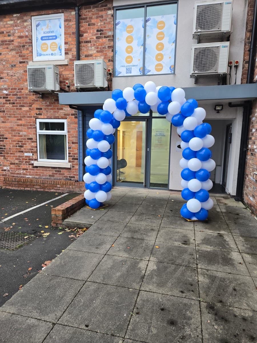 Entrance to the Cheadle centre with a blue and white balloon arch